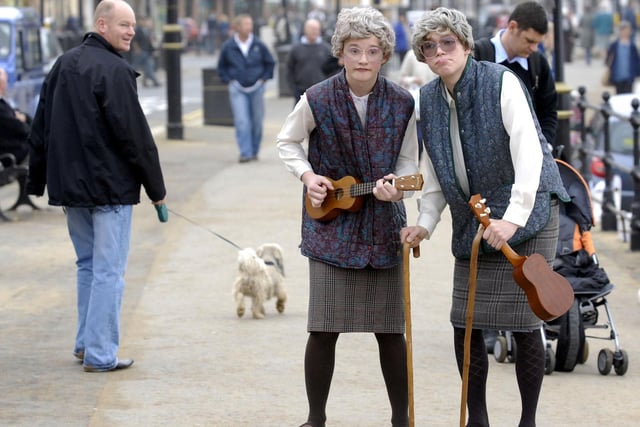 SJT Youth Theatre Rounders members Christopher Hicklin (L) and Billy 
Howle, as ukelele-playing grannies, Barbara and Margaret, the Uke-ladies.