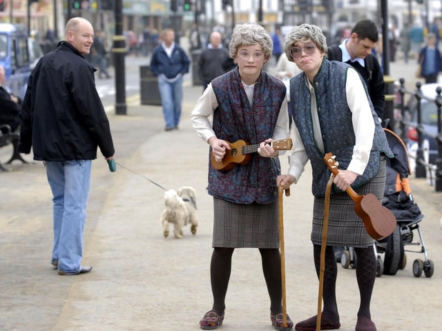 SJT Youth Theatre Rounders members Christopher Hicklin (L) and Billy
Howle, as ukelele-playing grannies, Barbara and Margaret, the Uke-ladies.