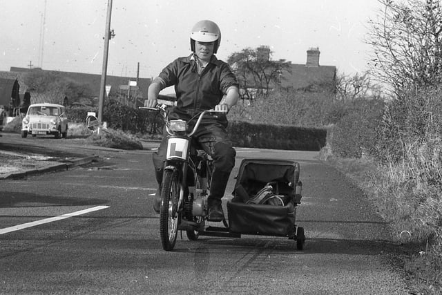 Baby-faced James Ascroft took his mates seriously when they joked he should add a go-faster sidecar on his lowly moped. For the 16-year-old mechanic has bolted a pram to his 35-miles-an-hour machine. And now the easy rider takes to the country lanes near his Woodplumpton home on a craft with engine by Honda and bodywork by Mothercare