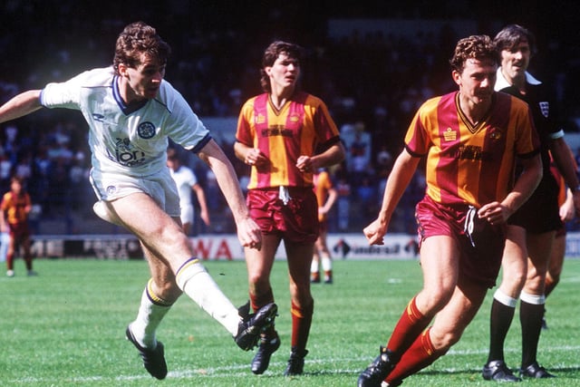 Sheridan fires towards goal against Bradford City in September 1985. The Whites won 2-1 thanks to goals from Peter Lorimer and Scott Sellars.