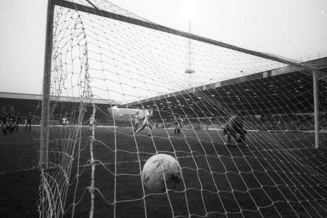 John Sheridan scores from the penalty spot against Grimsby Town in March 1987. The Whites won 2-0.