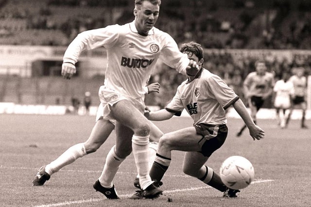 John Sheridan battles for the ball against Watford at Elland Road in October 1988. The Whites lost 1-0.