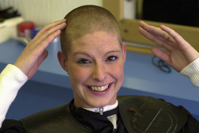Leanne Goldthorpe had her hair shaved off at Kevin's hairdressers in Kippax to raise funds for the St James's Kidney Patients Association.