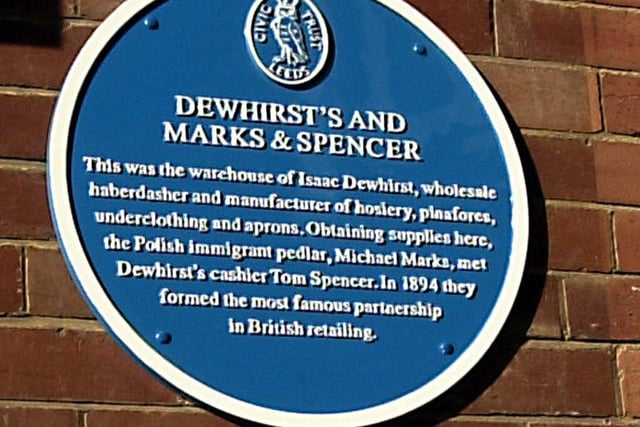 Leeds Civic Trust unveiled its latest blue plaque at the Dewhirst Building on where Michael Marks and Tom Spencer met.