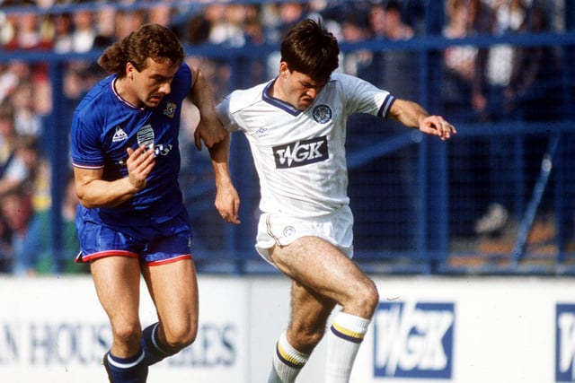 Mark Gavin on the attack against Oldham Athletic in September 1984. The Whites won 6-0 which included a hat-trick for Andy Ritchie.