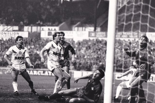 Peter Swan gasps in disbelief as his shot goes wide of the Oldham Athletic goal during the third round League Cup tie at Elland Road in October 1987. The game finished 2-2 with Swan scoring both goals for the Whites.