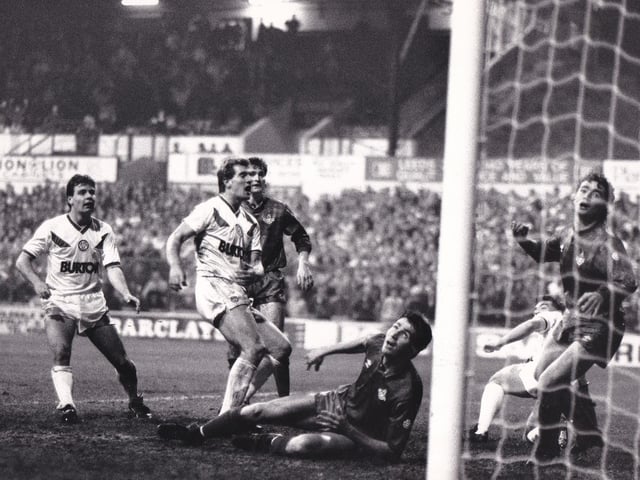 Peter Swan gasps in disbelief as his shot goes wide of the Oldham Athletic goal during the third round League Cup tie at Elland Road in October 1987. The game finished 2-2 with Swan scoring both goals for the Whites.