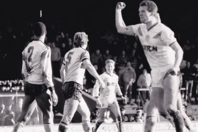A defiant demonstration from Peter Swan after scoring for Leeds United at Boothferry Park in January 1988. His goal was not enough as the Whites lost 3-1.