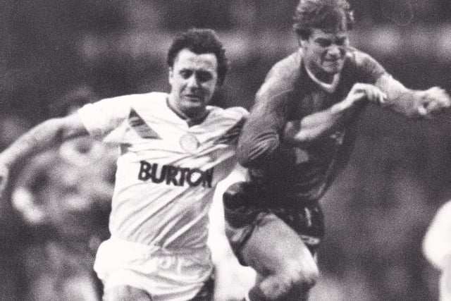 Bobby Davison is challenged for the ball by Millwall's Steve Wood at Elland Road in April 1988. The game finished 2-1 to the visitors.