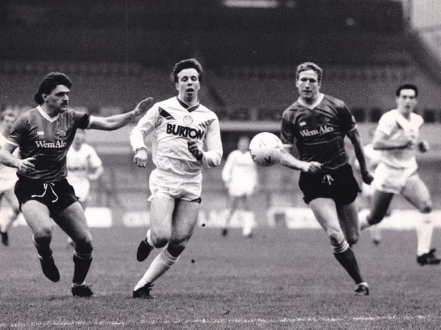 John Stiles battles for the ball against Shrewsbury Town at Elland Road in November 1987.