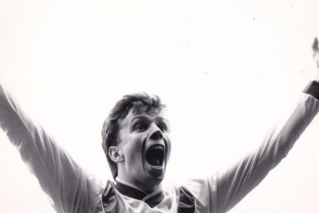 John Stiles celebrates scoring against Shrewsbury Town at Elland Road in November 1987. The Whites won 2-1.