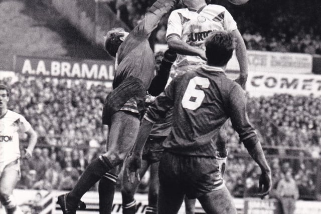 Middlesbrough goalkeeper Stephen Pears thwarts an air-bourne raid from Bobby Davison during the clash at Elland Road in December 1987. Davison was on the scoresheet that day as the Whites won 2-0.