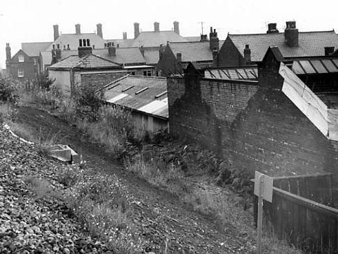 This view from September 1971 looks from the railway embankment onto the back of the premises of Saunders Valve Co Ltd, seen in the centre. This factory runs along the ends of Kildare Place, Winnie Terrace and Marion Street.