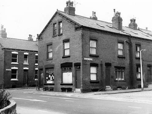 Two shops on Whitehall Road in September 1971. One is a general store run by Emily Mellor and the other is Dorothy's hair stylists. On the left edge of this view is Winnie Terrace.
