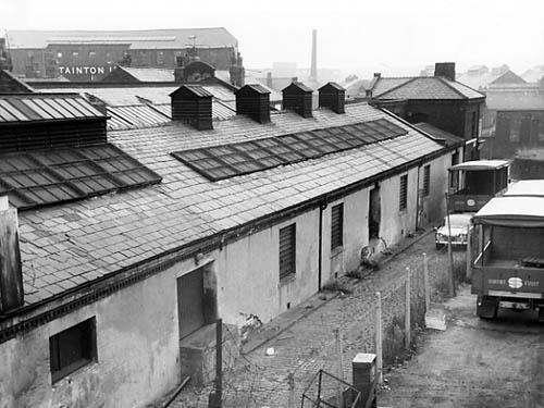 Back Wellington Row in the direction of Whitehall Road in September 1971. The centre of the view shows what was the premises of the Co-operative Wholesale Society Ltd, Hide and Skin department.