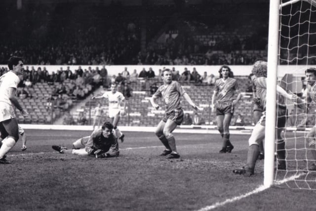 Bobby Davison - on the ground behind number 9 Bob Taylor - scores on his debut against Swindon Town at Elland Road in November 1987.