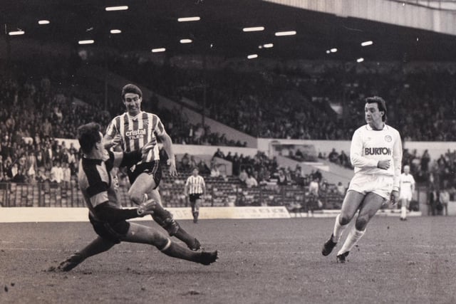 Stoke City goalkeeper Peter Fox is powerless to stop Bobby Davison notching his side's second goal at Elland Road in November 1988. The Whites won 4-0.