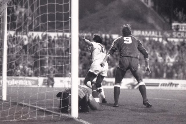 Bobby Davison puts Leeds United ahead against Barnsley at Elland Road in September 1988. The Whites won 2-0.