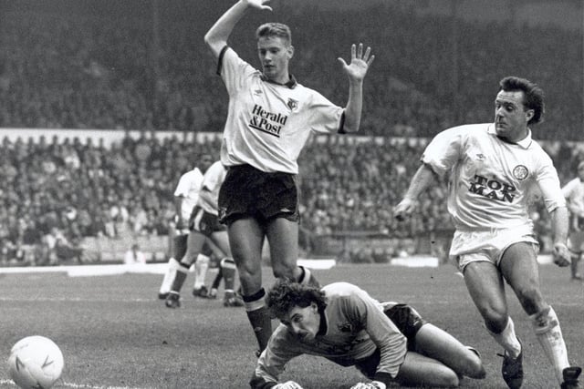 Bobby Davison is kept at bay by Watford goalkeeper Tony Coton during the clash in November 1989. The Whites won 2-1.