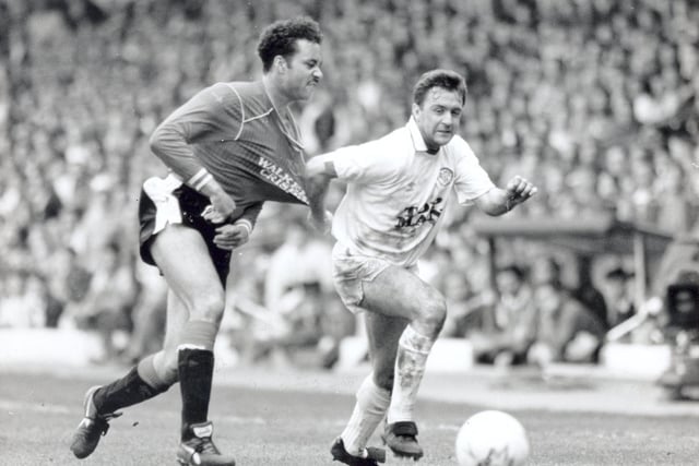 A cheeky shirt pull from Bobby Davison during the clash with Leicester City in April 1990.