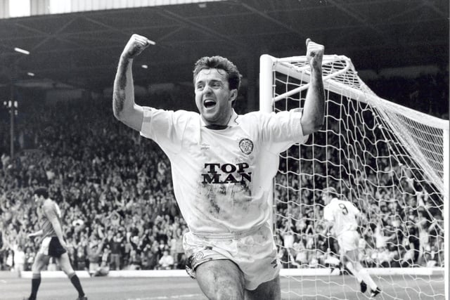 Bobby Davison celebrates scoring against Leicester City in April 1990.
