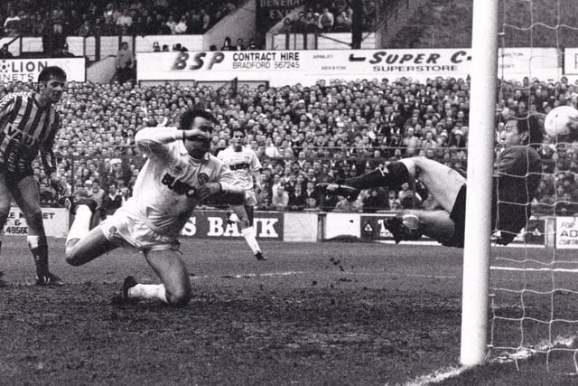 Bobby Davison falls to his knees after poaching Leeds United's opening goal against Sunderland in February 1989. The Whites won 2-0.