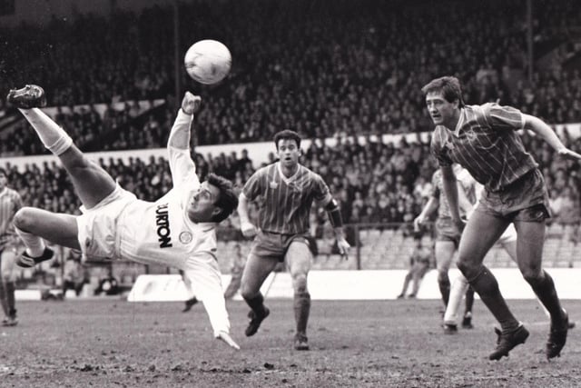 Bobby Davison tries the spectacular against Portsmouth at Elland Road in March 1989.