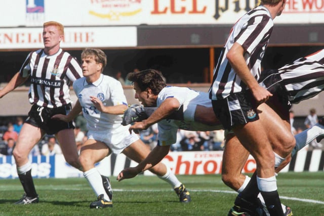 Bobby Davison heads towards against Newcastle United at St James's Park on the opening day of the 1989/90 season.