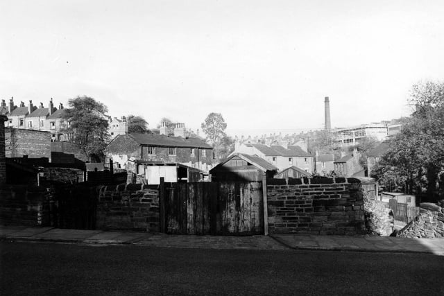 This view is looking across Burley Road towards the old village in 1955. To the right terrace housing in the St Anns Mount, Knowle Road area can be seen.
