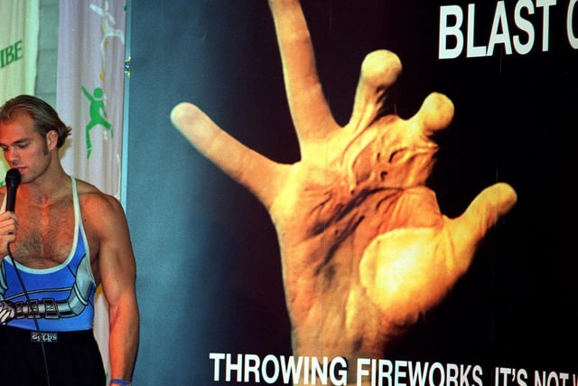 Hunter of ITV show Gladiators launched an anti-fireworks injuries campaign at Leeds High School.