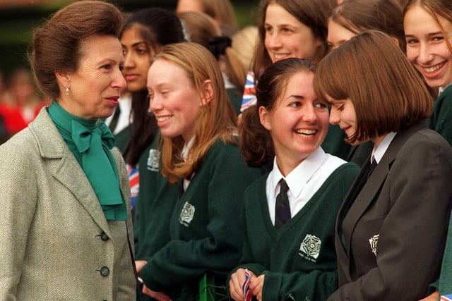 HRH the Princess Royal jokes with girls at Leeds Girls' High School where she opened two new buildings.