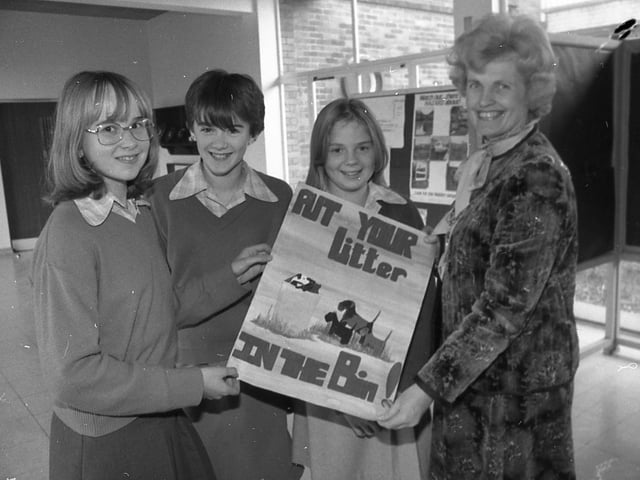 Mayor of Penwortham, Coun Dorothy Marsden, pictured with three pupils from Penwortham Priory High School, who won in a recent litter campaign poster competition, Rebecca Brownjohn (far left) with her poster, and the runners-up, Michelle Forrest (centre) and Linda Jackson