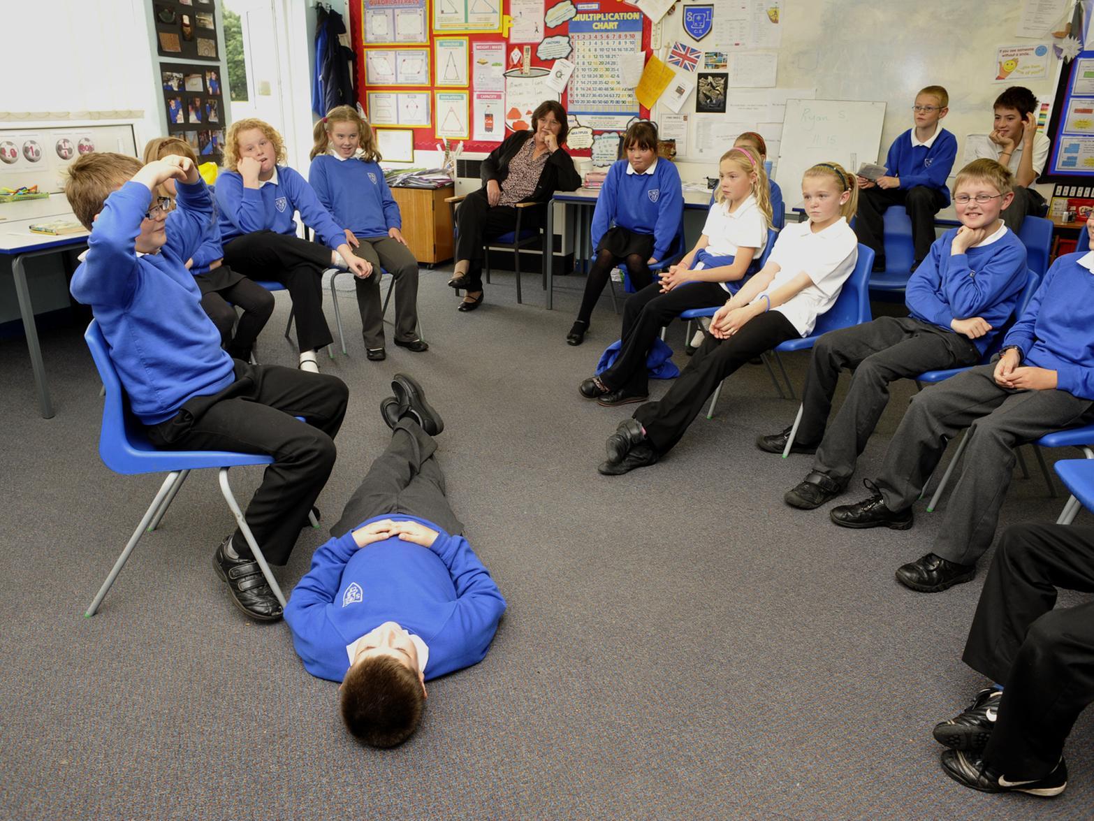 Seamer School pupils doing drama workshop with teacher Liz Curry, 
from George Pindar Community Sports College