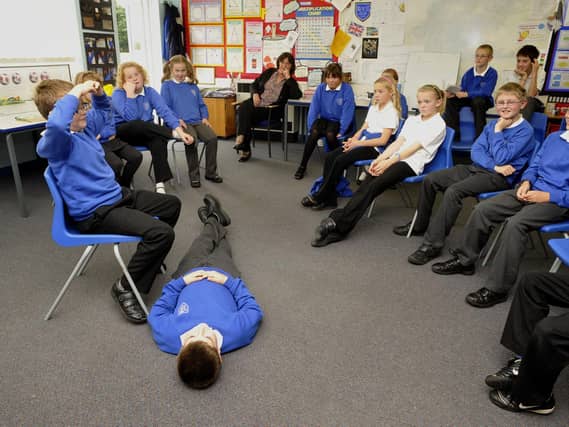 Seamer School pupils doing drama workshop with teacher Liz Curry,
from George Pindar Community Sports College