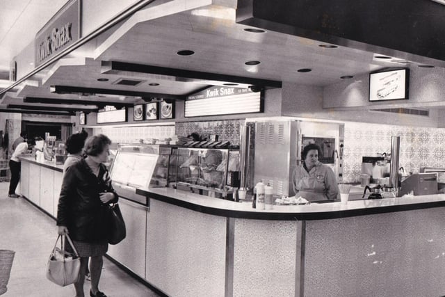 A welcome sight during a shopping expedition was the Kwix Snax Bar where shoppers could stop for a bite. Pictured in November 1972.