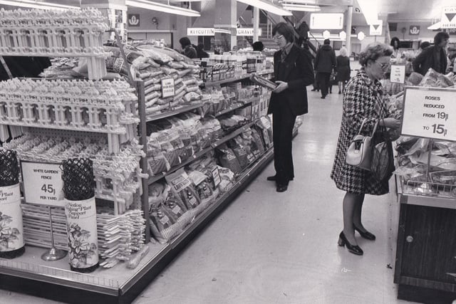 A view of one of the  well stocked displays in the gardening department in March 1974.