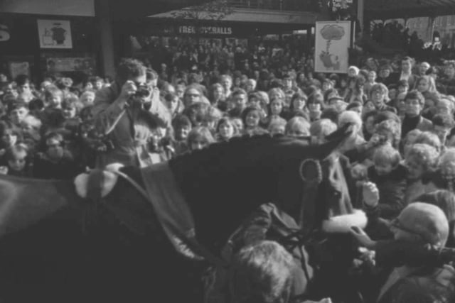 Red Rum meets the crowds at the covered market in Preston in 1977