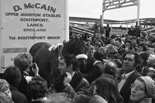 Crowds gather as Red Rum opens the Steeplechase ride at Blackpool Pleasure Beach in 1977