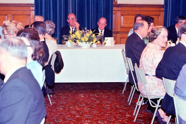 Group of members at the first annual dinner of the Morley Local History Society in the large banqueting hall of the civic rooms in Morley Town Hall.