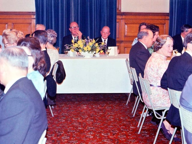 Group of members at the first annual dinner of the Morley Local History Society in the large banqueting hall of the civic rooms in Morley Town Hall.