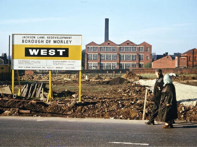 A notice board about the site of Cross Church Street connected with the Borough of Morley's redevelopment of Jackson Lane, whose name was altered to Bank Avenue.