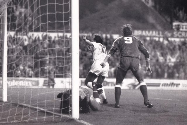 Bobby Davison puts Leeds United ahead against Barnsley at Elland Road in September 1988.