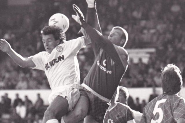 Bobby Davison challenges for the ball with Chelsea goalkeeper Roger Freestone during the league clash at Elland Road in September 1988. The Whites lost 2-0.