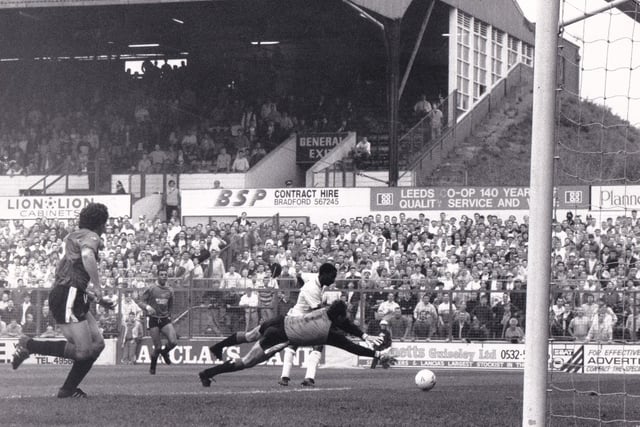 Vince Hilaire scores after just 11 minutes against Leicester City at Elland Road in October 1988. The game finished 1-1.