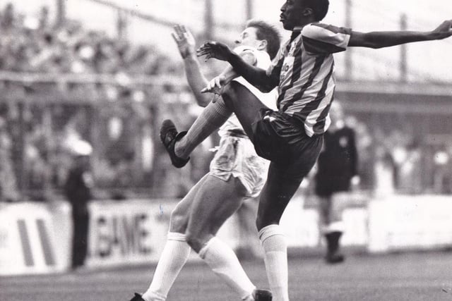 A right knees up as West Bromwich Albion's Chris Whyte tangles with Ian Baird during the league clash at Elland Road in November 1988. The Whites won 2-1 with Bairdy bagging one of the goals.