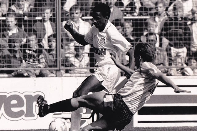 Vince Hilare holds off a challenge during his league debut on the opening game of the season against Oxford United at Elland Road in August 1988. The game finished 1-1.