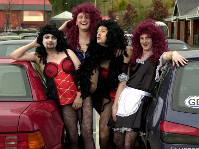 Staff at Asda, Killingbeck in the car park dressed up for The Rocky Horror Picture Show which was to be shown as a drive-in movie. Pictured are David Middleton, Nick Berkeley, Marc Edwards and Michael Richardson.