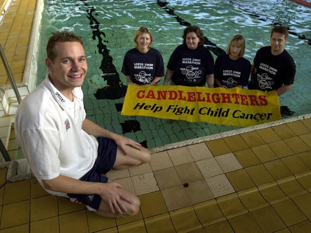 GB and City of Leeds swimmer James Hickman with nurses from Ward 10 at St James's Hospital who are taking part in the Leeds Swim Marathon. Picturedwith James are Diane Hubber, Liz Gillespie, Kim Pocklington and Neil Shaw.