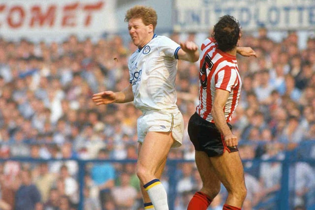 Ian Baird goes head to head with a Sunderland defender as the two clubs played out a 1-1 draw at Elland Road in September 1985. John Sheridan scored for the Whites.