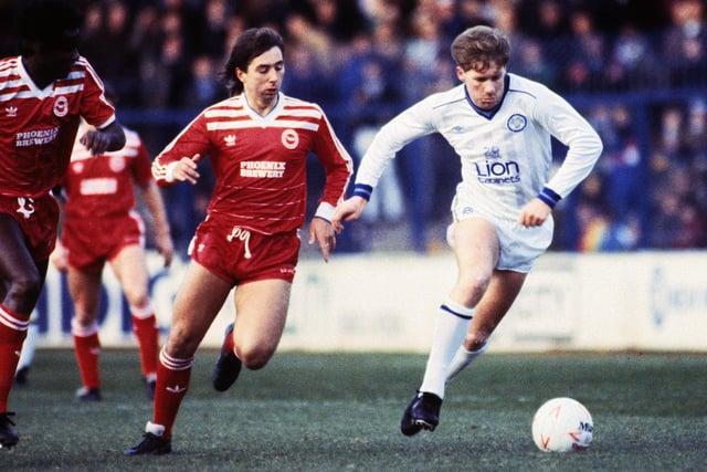 Ian Baird in action against Brighton and Hove Albion at Elland Road in December 1985. He scored but the Whites were edged out in a five goal thriller.